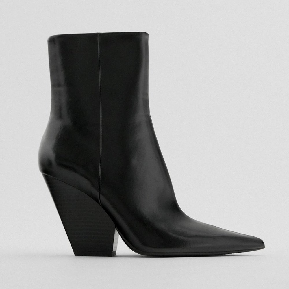 NEW Zara Black Pointy Toe Heeled Cowboy Ankle Boot